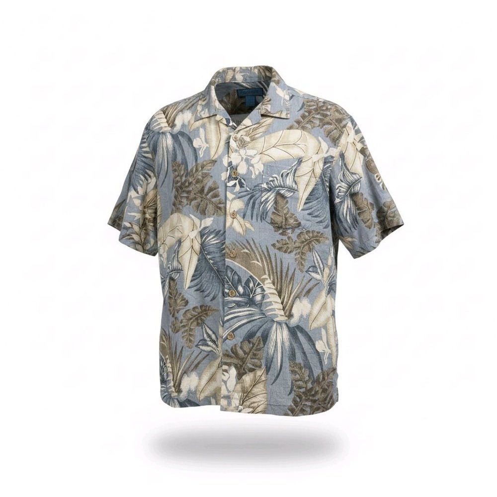 Paradise Blue Mens Large 100% Silk Tropical Leaf Print‎ Short Sleeve Camp Shirt